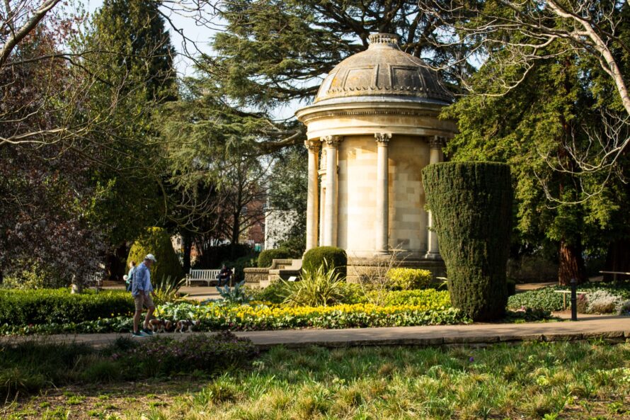 The classical rotunda and spring flowerbeds in Jephson Gardens, Royal Leamington Spa