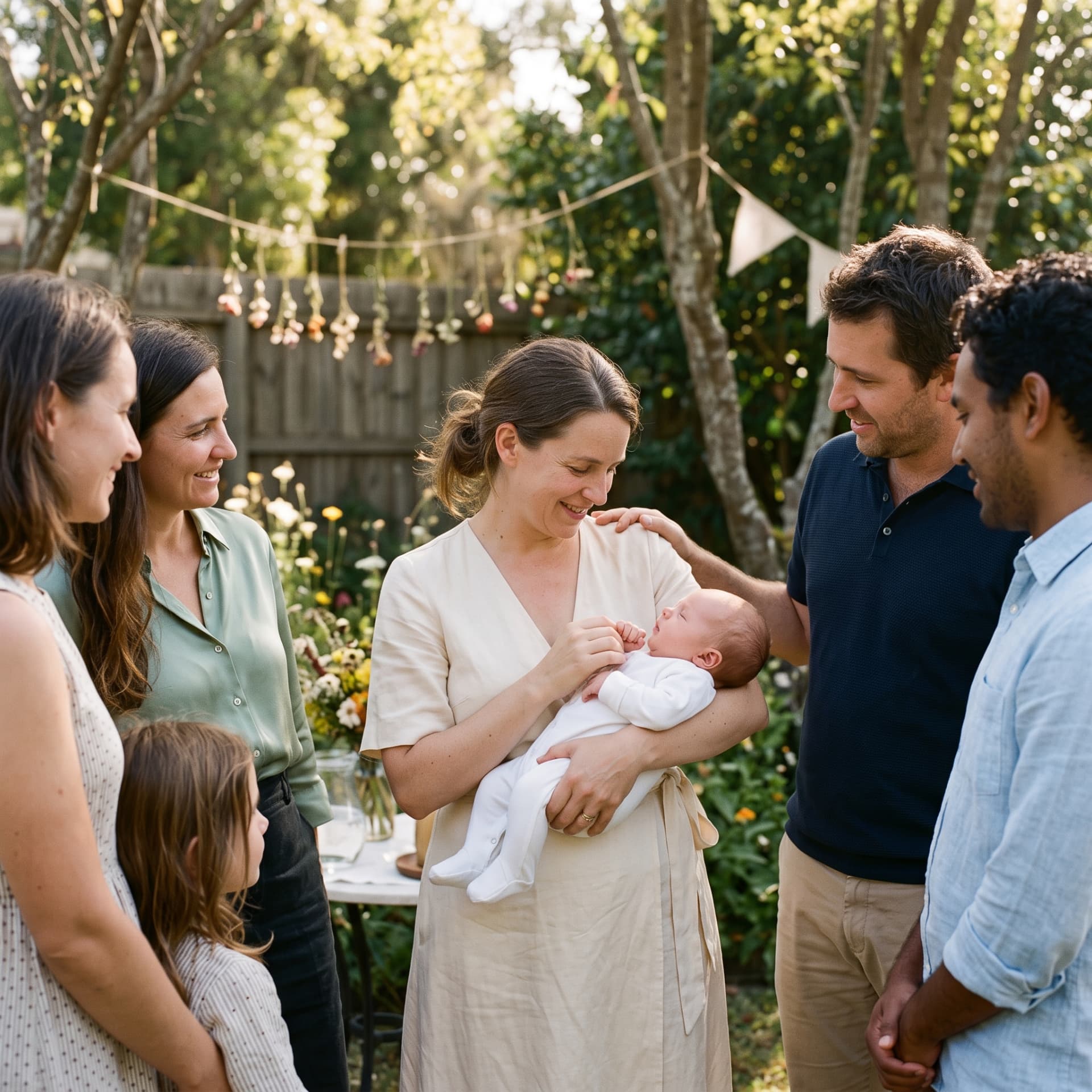 A family and friends gathered in a sunlit garden around a mother holding her newborn baby at a naming ceremony.