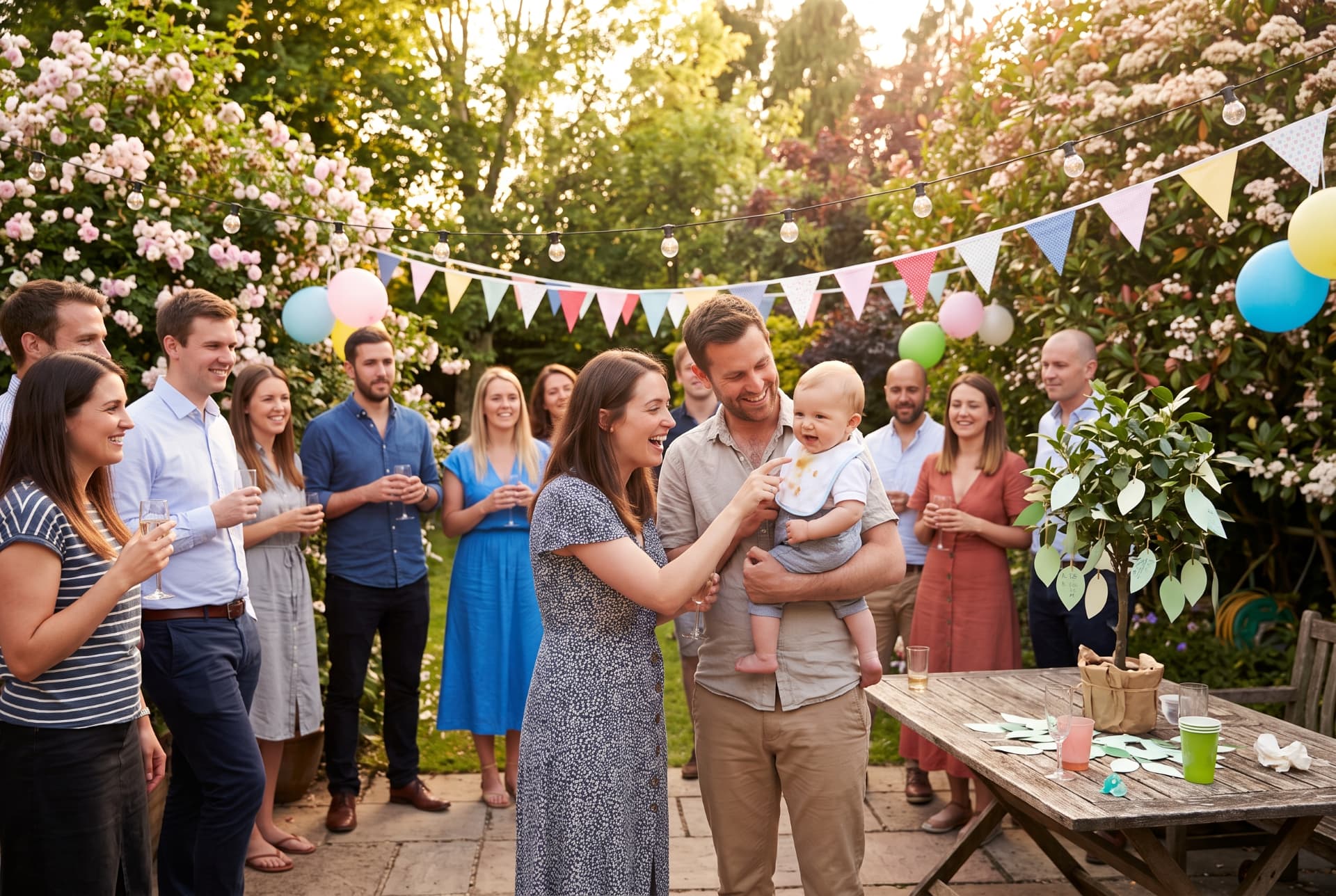Parents holding their baby surrounded by friends and family at a garden naming ceremony