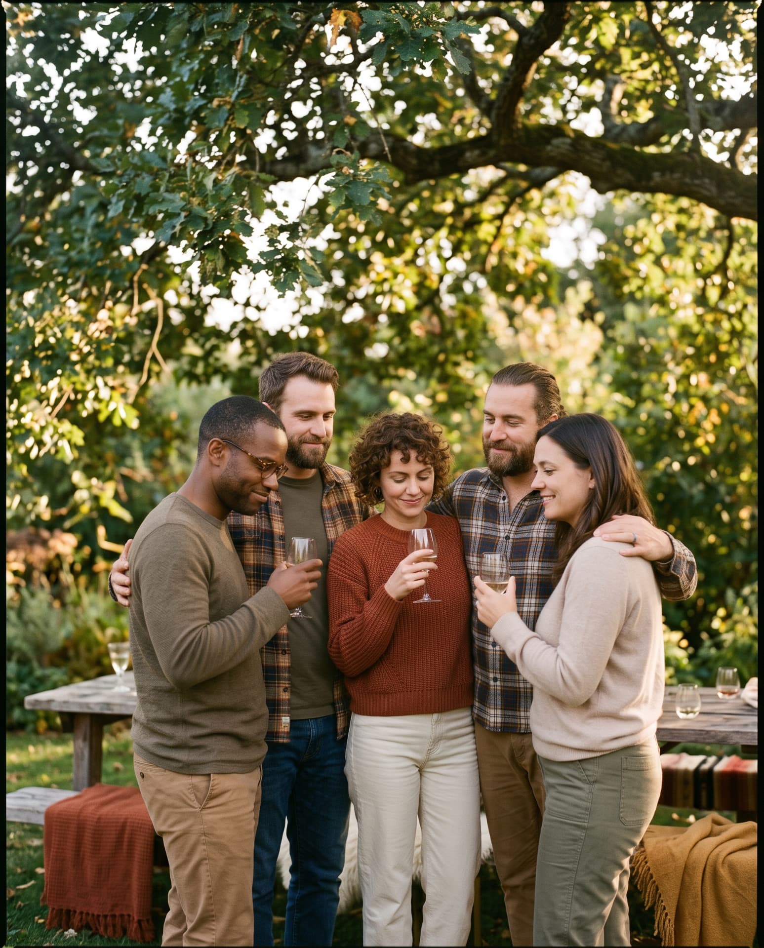 Friends and family gathered under a tree in autumn light, raising a glass together in memory of someone.