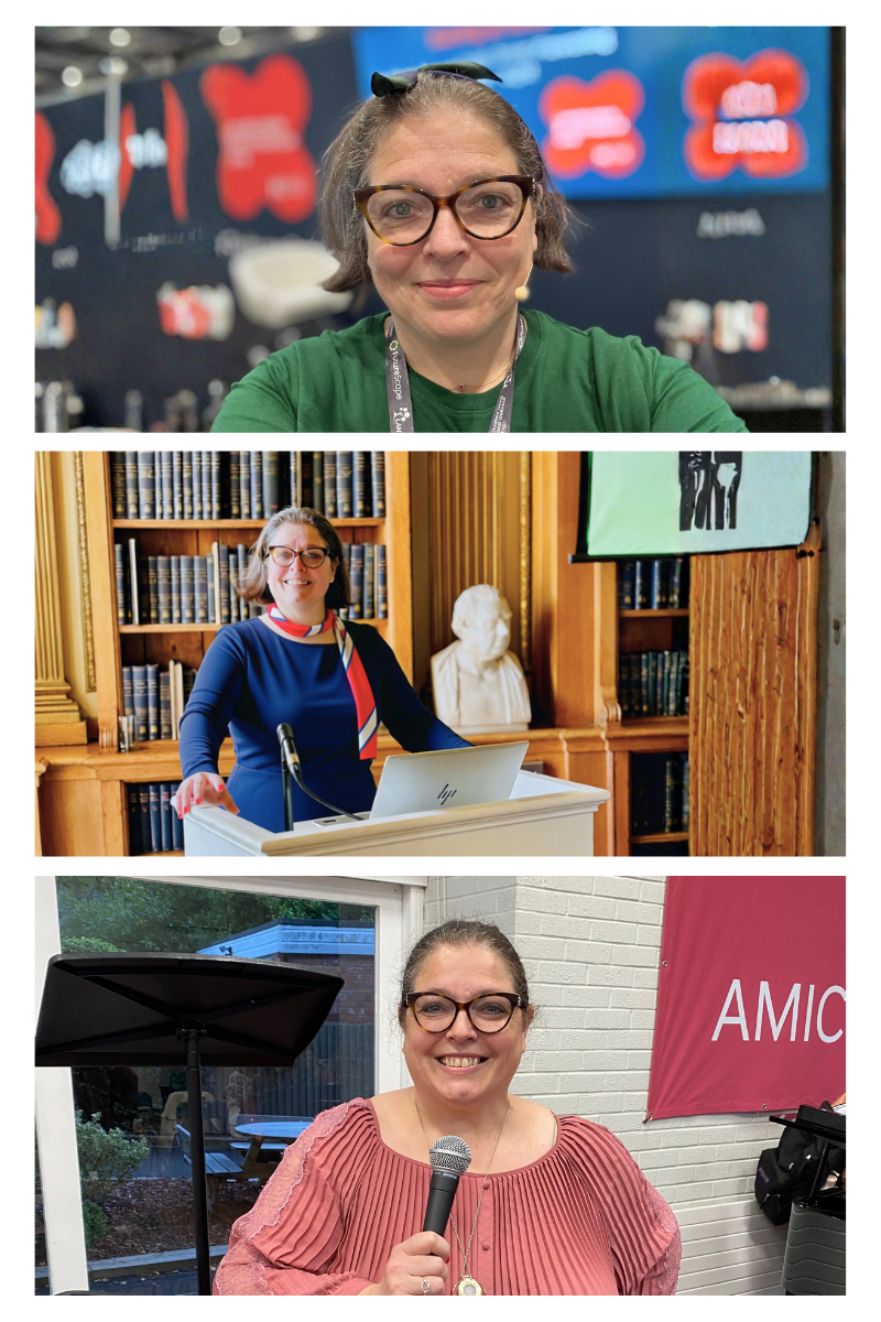 A vertical montage of Rosie Sayers speaking at events: at a conference, at a lectern in a wood-panelled room, and holding a microphone outdoors.
