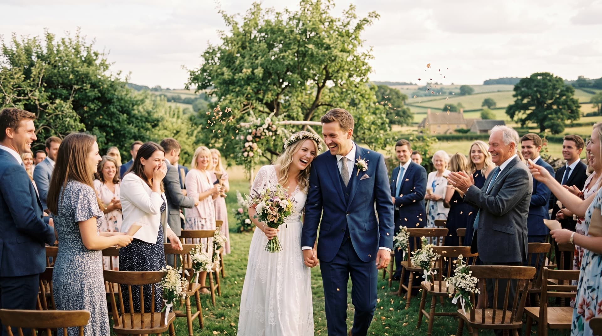 Newly married couple walking back down the aisle through confetti at an outdoor Cotswolds ceremony